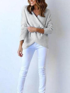 Surplice Curved Hem Long Sleeve Sweater