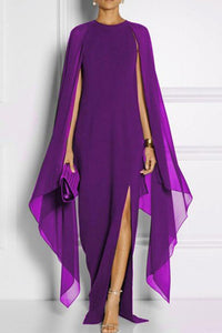 Long-Sleeved Cape Open Sleeve High Slit Plain Chiffon Maxi Dress