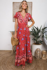 Big Pendulum V-Neck Beach Holiday Tie Printing Vacation Maxi Dress