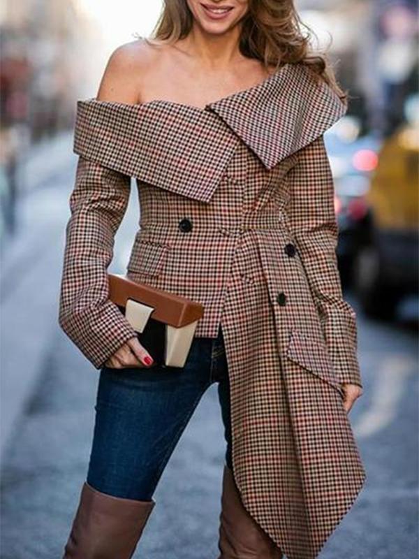 Fashion Sexy Off Shoulder Plaid Long Sleeve Blouse