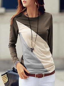 Autumn Spring  Cotton Blend  Women  Round Neck  Color Block Long Sleeve T-Shirts