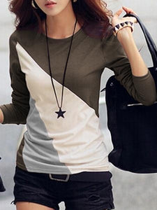 Autumn Spring  Cotton Blend  Women  Round Neck  Color Block Long Sleeve T-Shirts