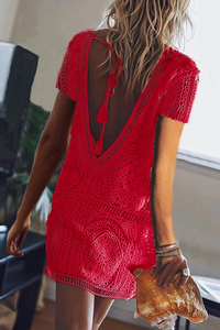 V Neck Lace Up Lace Short Sleeve Casual Dresses