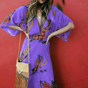 Boho Casual Printed Colour Split V Neck Dress