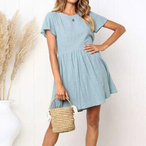 Casual Round Collar Plain Loose Shift Mini Dress