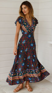 Big Pendulum V-Neck Beach Holiday Tie Printing Vacation Maxi Dress