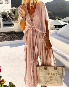 Casual Loose Tie Front V Neck Wide Leg Jumpsuit