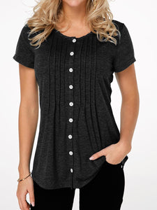 Fashion Button Round Neck Short-Sleeved T-Shirt