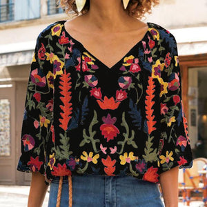 Casual V-Neck Cropped Sleeve Printed Shirt