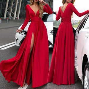 V-Neck Long Sleevethe Sides Split Maxi Dress