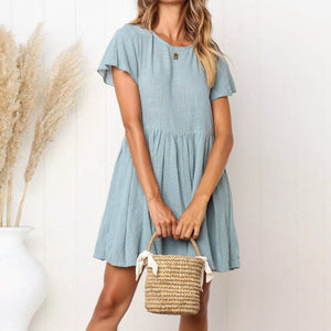 Casual Round Collar Plain Loose Shift Mini Dress