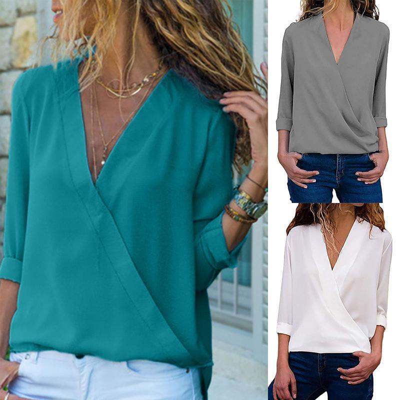 V Neck  Plain  Blouses