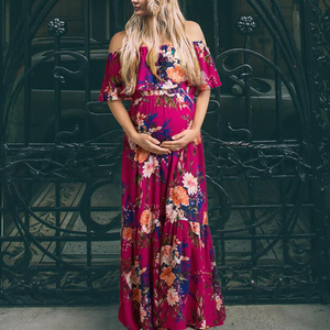 Magenta Floral Ruffle Open Shoulder Maternity Maxi Dress