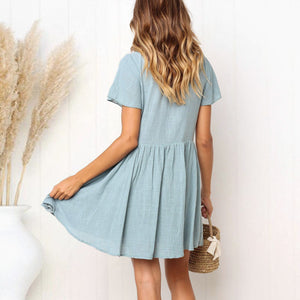 Casual Round Collar Plain Loose Shift Mini Dress