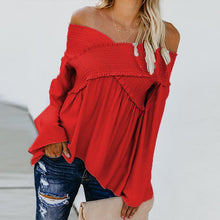 Load image into Gallery viewer, Elastic Off Shoulder Long Flare Sleeve Plain Pleated Loose T-Shirts