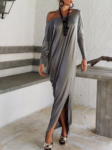 One Shoulder Slit Long Sleeve Maxi Dresses