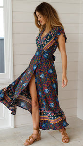 Big Pendulum V-Neck Beach Holiday Tie Printing Vacation Maxi Dress