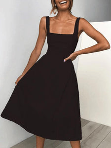 Sexy Casual Sling Sleeveless Solid Slim Midi Skater Dress