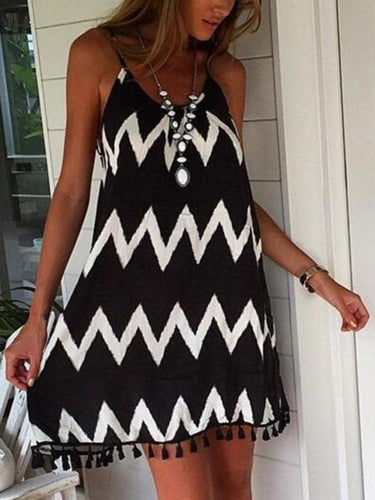 Black & White Wavy Stripes Tassel Sexy Sling Casual Dress