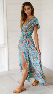 Big Pendulum V-Neck Beach Holiday Tie Printing Vacation Maxi Dress