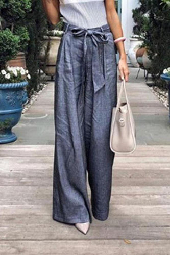 Solid Color Tie Wide Leg Pants