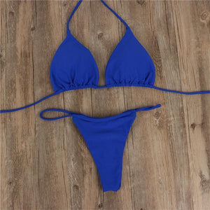 Halter  Drawstring  Plain Bikini