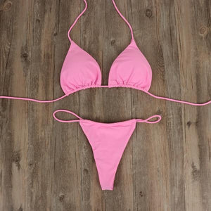 Halter  Drawstring  Plain Bikini