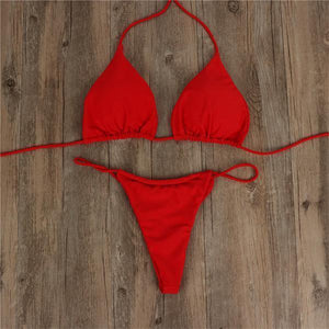 Halter  Drawstring  Plain Bikini