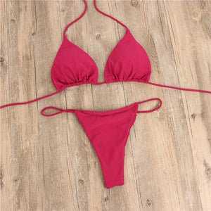 Halter  Drawstring  Plain Bikini