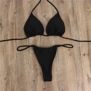 Halter  Drawstring  Plain Bikini