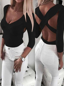 Deep V Neck  Backless  Plain T-Shirts