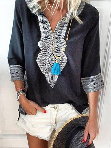 V Neck Bohemian Printed Half Sleeve Casual Blouses