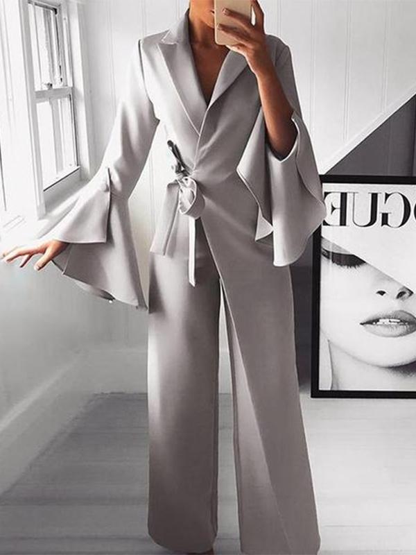 Fashion Pure Colour Bell Sleeve Jumpsuits