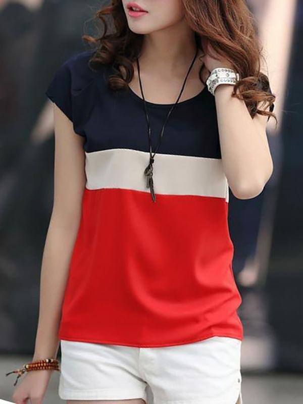 Round Neck  Color Block Short Sleeve T-Shirts