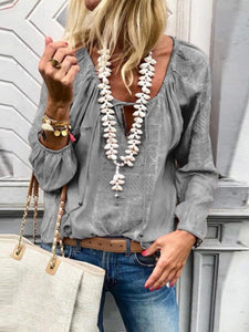 Lace Up Fashion V Neck  Long Sleeve Blouses