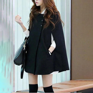 Collarless Pocket Plain Woolen Cape Sleeve Coat