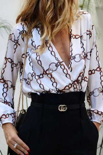 Fashion V Collar Long-Sleeved Print Shirt