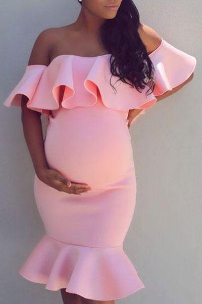 Maternity Off Shoulder Flounced Sexy Bodycon Dress