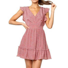 Load image into Gallery viewer, Short-Sleeved Ruffled V-Neck Dot Print Mini Dress