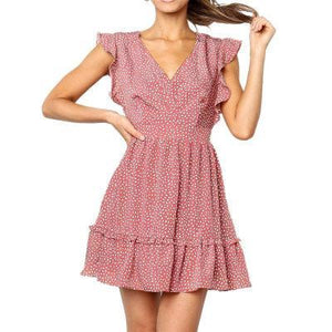 Short-Sleeved Ruffled V-Neck Dot Print Mini Dress