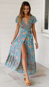 Big Pendulum V-Neck Beach Holiday Tie Printing Vacation Maxi Dress