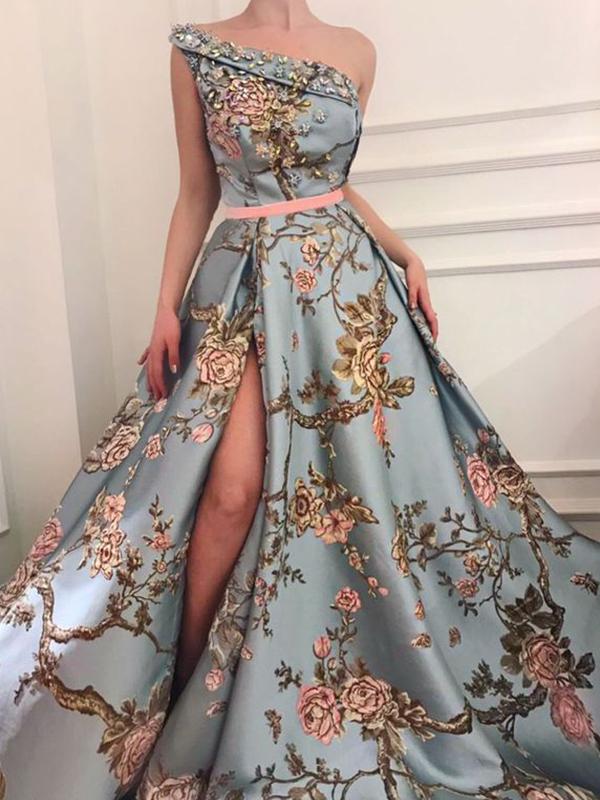 Sexy Elegant Single Shoulder Printing Long Evening Dress