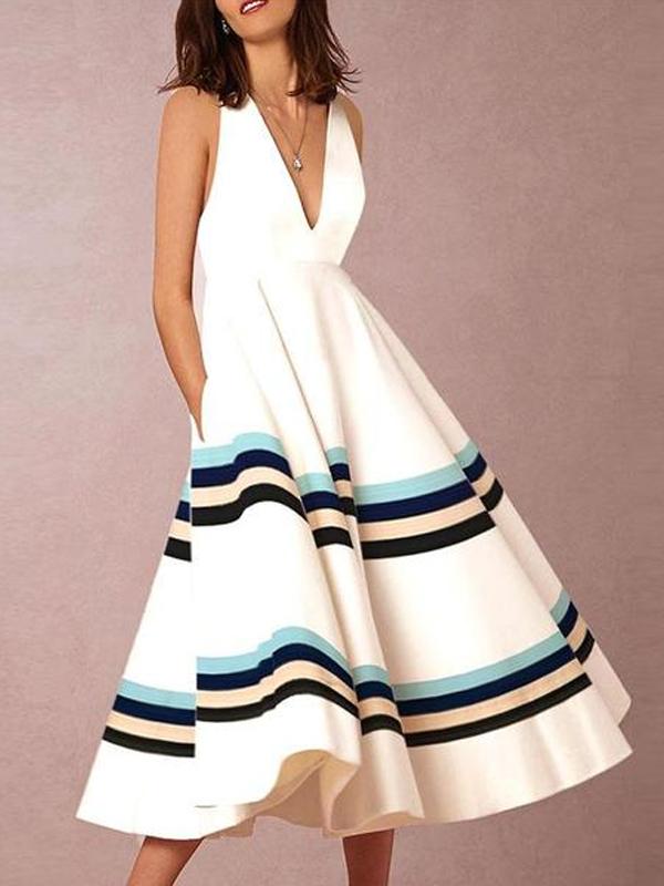 Sexy V-Neck Printed Stripe Sleeveless Formal Skater Dress