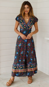 Big Pendulum V-Neck Beach Holiday Tie Printing Vacation Maxi Dress