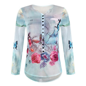 Long Sleeve Printed Round Neck Chiffon Shirt