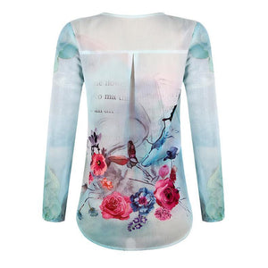 Long Sleeve Printed Round Neck Chiffon Shirt