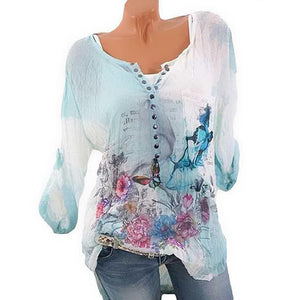 Long Sleeve Printed Round Neck Chiffon Shirt