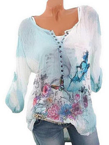 Long Sleeve Printed Round Neck Chiffon Shirt