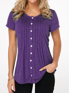 Fashion Button Round Neck Short-Sleeved T-Shirt