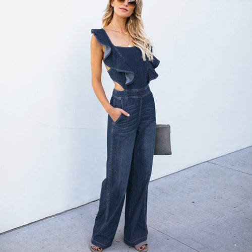 Sexy Light Blue Sleeveless Denim Jumpsuit